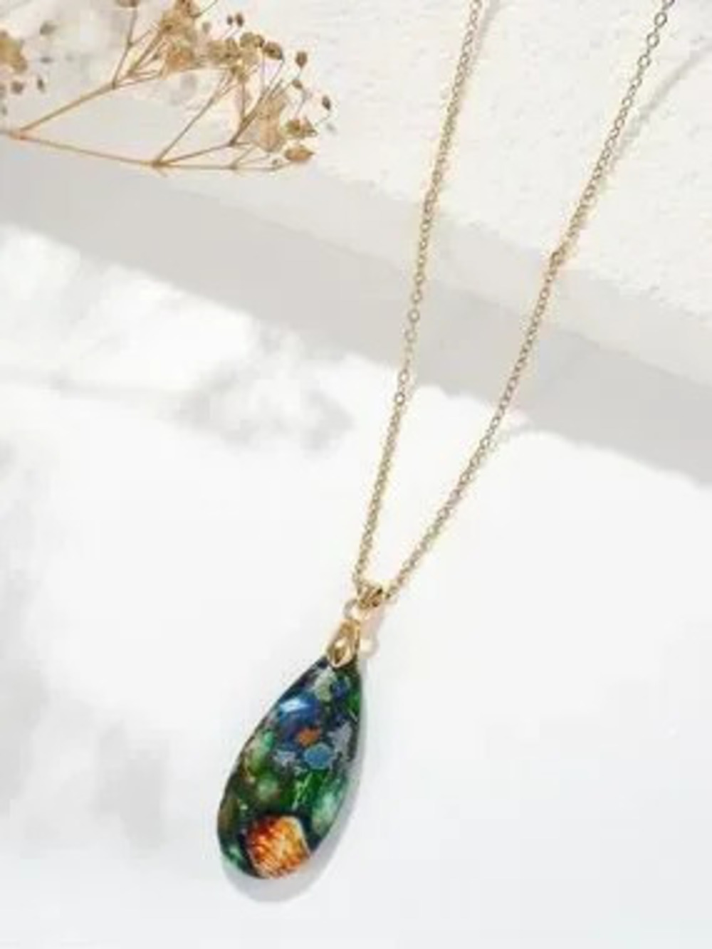 Anthropologie Gold Necklace with Multicolor Teardrop Glass Pendant